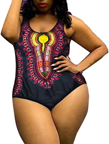 Keepfit Women One Piece Bikini Set Plus Size Curve Appeal Dashiki African Printing Push-Up Jumpsuit Strap Swimsuit Beachwear (XXXL, Black C)