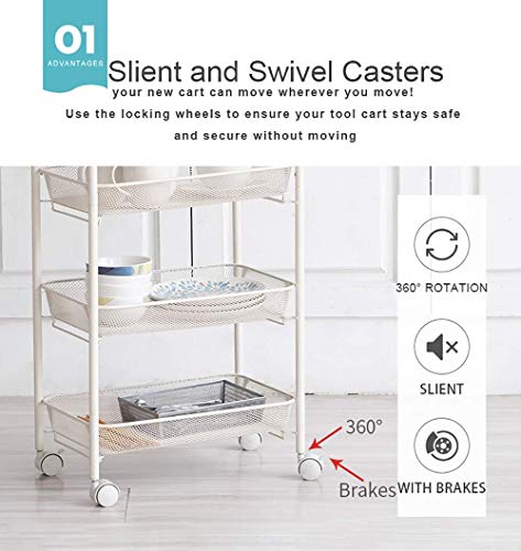 Iris'Home Easy Assemble 3-Tier Bathroom Cart, Small Rolling Cart, Office File Cart, Kitchen Storage Cart on Wheels, Utility cart, Storage Rack, Mesh Designing -White