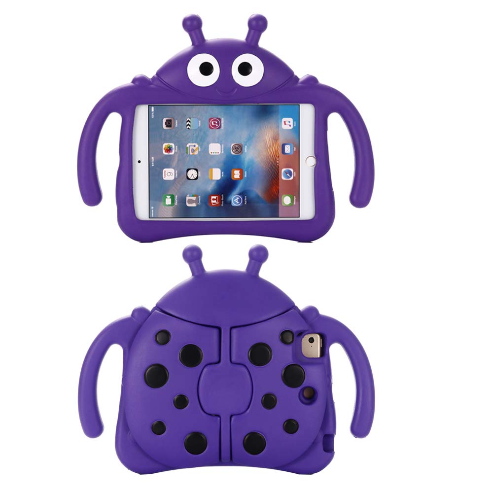 Tading Kids iPad Mini Case, Children Friendly EVA Foam Shockproof Kid Proof Handle Stand Bumper Cover for iPad Mini 1,2,3,4,5 [NOT FOR iPad Mini 6 2021], Cute Ladybug - Purple