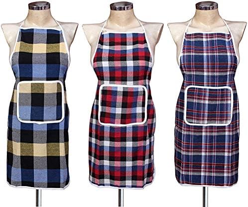 NIMKOS Waterproof Cotton Kitchen Apron with Front Pocket (Multicolour) - Set of 3