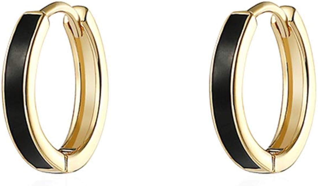 FANCIME Yellow Gold Plated 925 Sterling Silver Black Enamel Small Tiny Mini Helix Little thin Baby Cartilage Huggie Hoop Earrings Dainty Fine Jewelry For Women Girls, 12.5mm