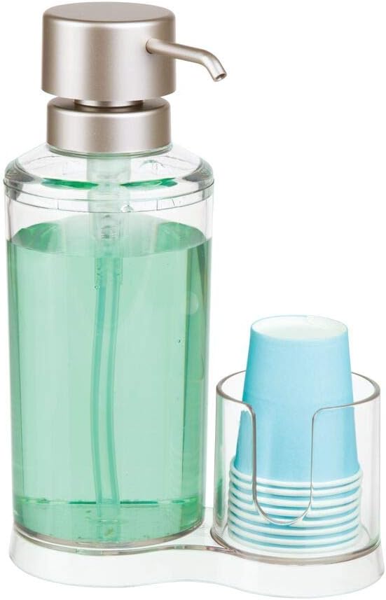 mDesign Mouthwash Pump Dispenser with Disposable Cup Caddy for Bathroom
