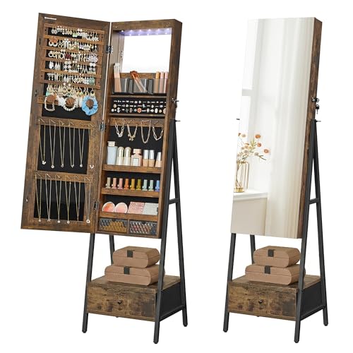 SONGMICS LED Cabinet Standing, Lockable Jewelry Armoire with Full-Length Mirror…