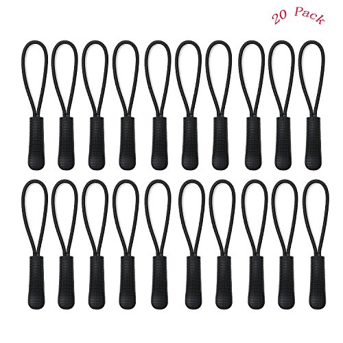 Zipper Pulls- 20pcs Black Nylon Cord Strong Nylon Cord with Ergonomically Designed Rubber No Slip Textured Gripper Pull to Fit Any Zipper Materials Guang-T (Black)
