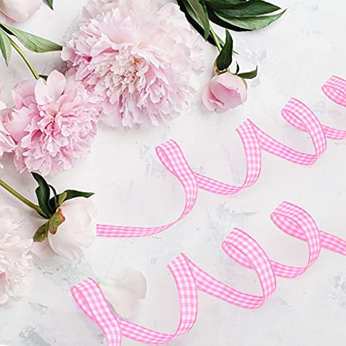 VGoodall Pink Gingham Ribbon, 3/8 x 50Yd Picnic Craft Ribbon Pink Ribbons for Hair Accessories Craft and Christmas Gift Wrapping