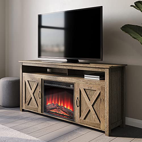 BELLEZE Modern 58 Inch Barn Door Wood TV Stand with 23 Inch Electric