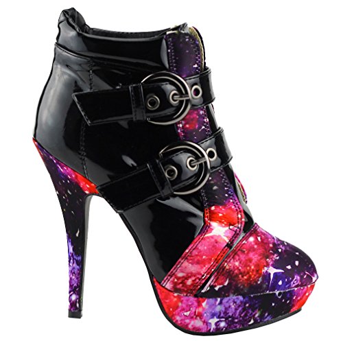 SHOW STORY Black Buckle Night Sky High Heel Stiletto Platform Ankle Boots,LF30301BK41,10US,Black