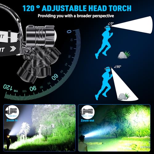 ET Head Torch Rechargeable, Super Bright 100000 LM LED Headlamp with 5 Modes & 30 Hours Runtime & IPX7 Waterproof & 120°Adjustable & Zoomable,Red Warning Headlight for Running Hiking Fishing Cycling