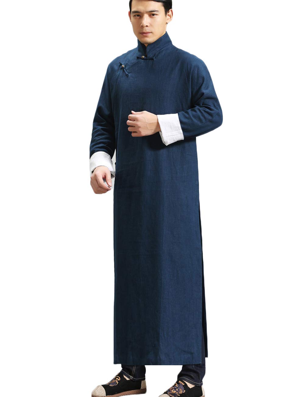 LZJN Men's Trench Coat Spring Autumn Long Jacket Kung Fu Linen Overcoat Vintage Chinese Style