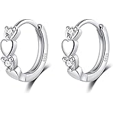 Reffeer Solid 925 Sterling Silver Tiny Double Love Heart Hoop Earrings for Women Teen Girls Cute CZ Heart Huggie Earrings Sleeper