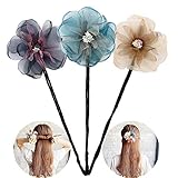 One Step Donut Hair Bun Maker, Women Magic Hair Styling Twist Headband with Translucent Veil Flower for Girl Hairstyle DIY Tool (3 Colors)
