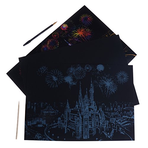 Scratch Art Set Colorful City Pattern Drawing Board Paper Craft for Kids and Adults Including 1 Golden Styluses, 1 Wooden Styluses and Instructions