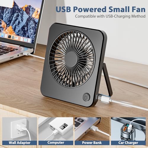OUILA Mini Quiet Fan, Small USB Desk Fan with 3 Speeds and 1.2m Cable, Portable Hanging Fan for Table Office Bedroom Dorm Kitchen - Black