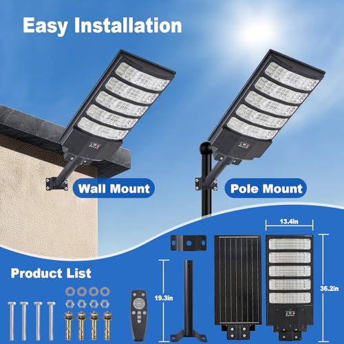 6000W Solar Street Light Outdoor, 8500K Super Bright Commercial Parking Lot Dusk to Dawn Waterproof Lights, LED Solar Security Motion Sensor Lamps for Court, Garage, Yard, Road