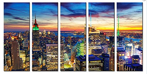 SUNFROWER ART-City Wall Art - New York City Skyline Navy Blue Night Canvas Print, New York Night Canvas Print - Black White New York Large Canvas Print - 60x32 Inch Total