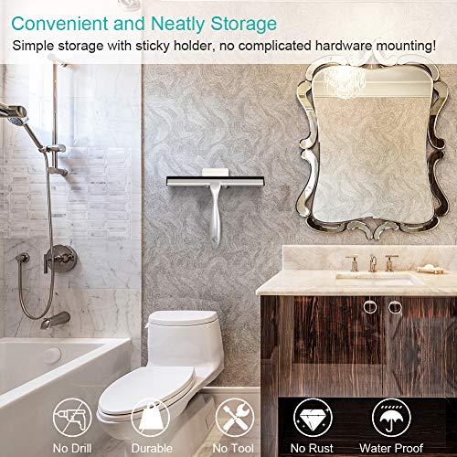 TopCharm Stainless Steel Shower Squeegee for Shower Doors, All Purpose Shower Squeegee 10 Inch for Mirror Car Glass Window Bathroom Squeegee for Shower with Hook and 6.8Inch Longer Handle