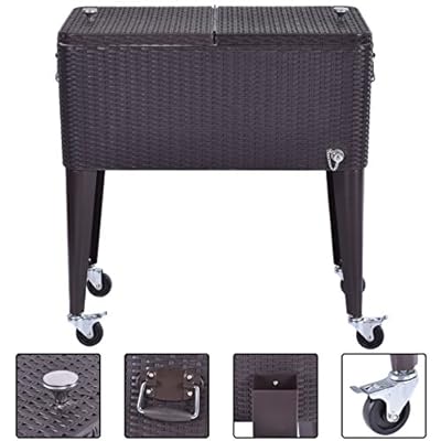 (US Stock)Evelove Outdoor Rattan Party Portable Rolling Cooler Cart Ice Beer Beverage Chest 80-Quart