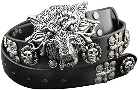 Cool! Wolf Head Metal Buckle Punk Biker Rocker Skull Mens Rivet Leather Belt