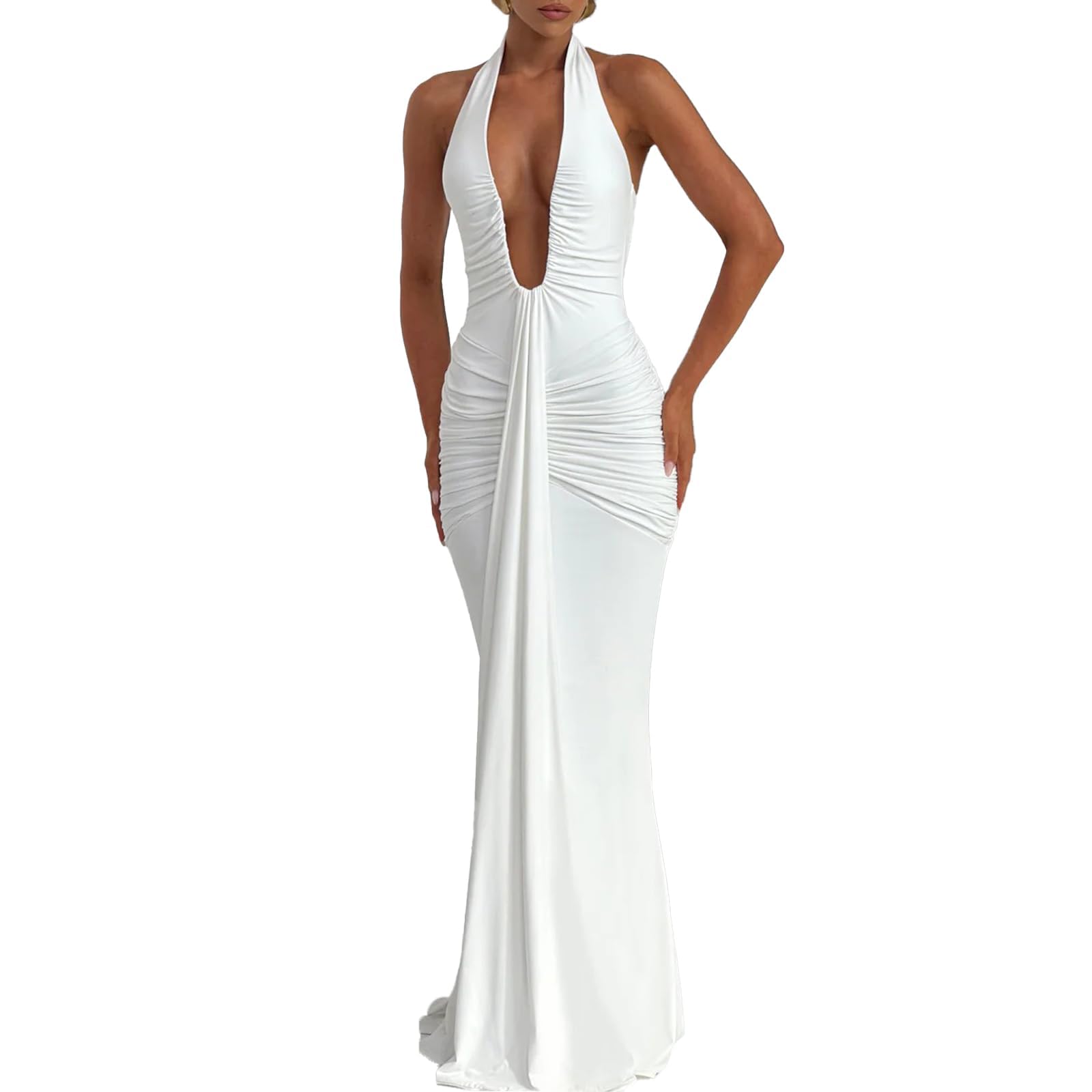 Photo 1 of ABYOVRT Women Deep V Neck Ruched Maxi Dress Sleeveless Halter Gown Cocktail Evening Formal Dresses (White,M)