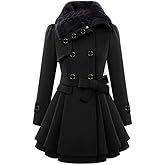 PLAZRU Double Breasted Faux Fur Collar Jacket Lapel Pea Coats for Women Winter Long Trench Coat with Belt Elegant Swing Coat