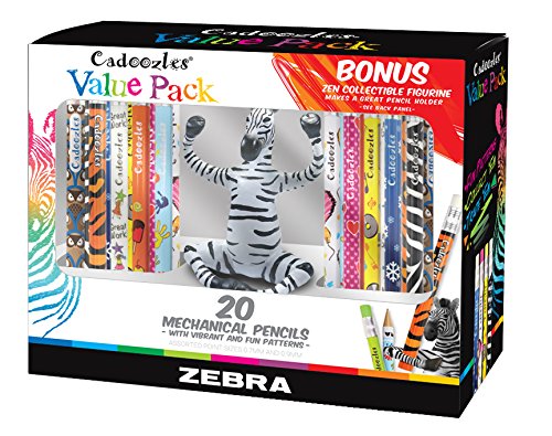 Zebra Cadoozles Mechanical Pencil Set With Bonus Zen Figurine, 0.7mm and 0.9mm Point Size, Standard HB Lead, Assorted Barrel Patterns, 20-Count