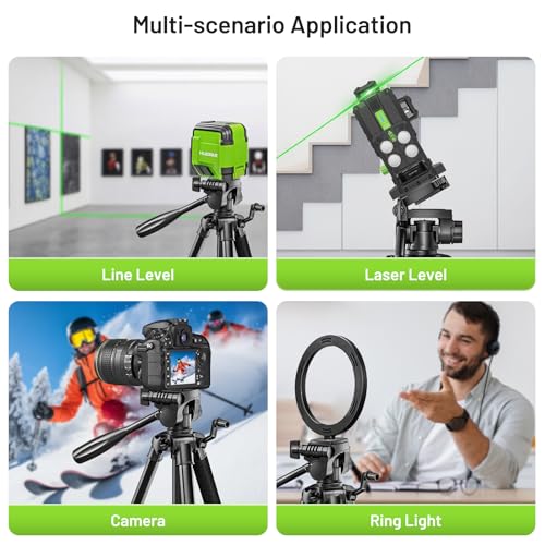 Huepar 146 cm Lightweight Portable Tripod for Laser, Adjustable Construction Tripod with 3-Way Swivel Head, Spirit Levels, 1/4 Inch and 5/8 Inch Thread Connection for Various Tools