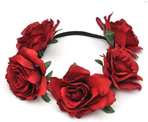 GOLIA Flower Headband Crown with Adjustable Ribbon for Wedding Festivals (Dark Red)
