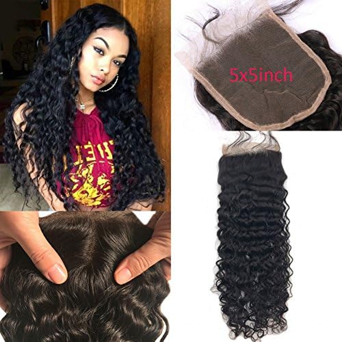 FDshine Deep Wave Closure with Baby Hair 5x5" Brazilian Deep Curly Lace Closure Free Part Natural Virgin Human Hair Closure Pieces (18", Natural Color)