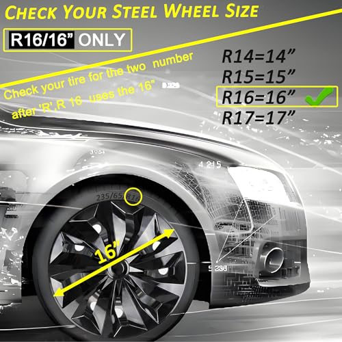Hubcaps Wheel Cover Replacement R16 Size Hub Cap Universal-Fit Steel Wheel Rim Caps ABS Tire Covers for Most Cars Trucks Sedans SUV -Set of 4（16-inch，Black）