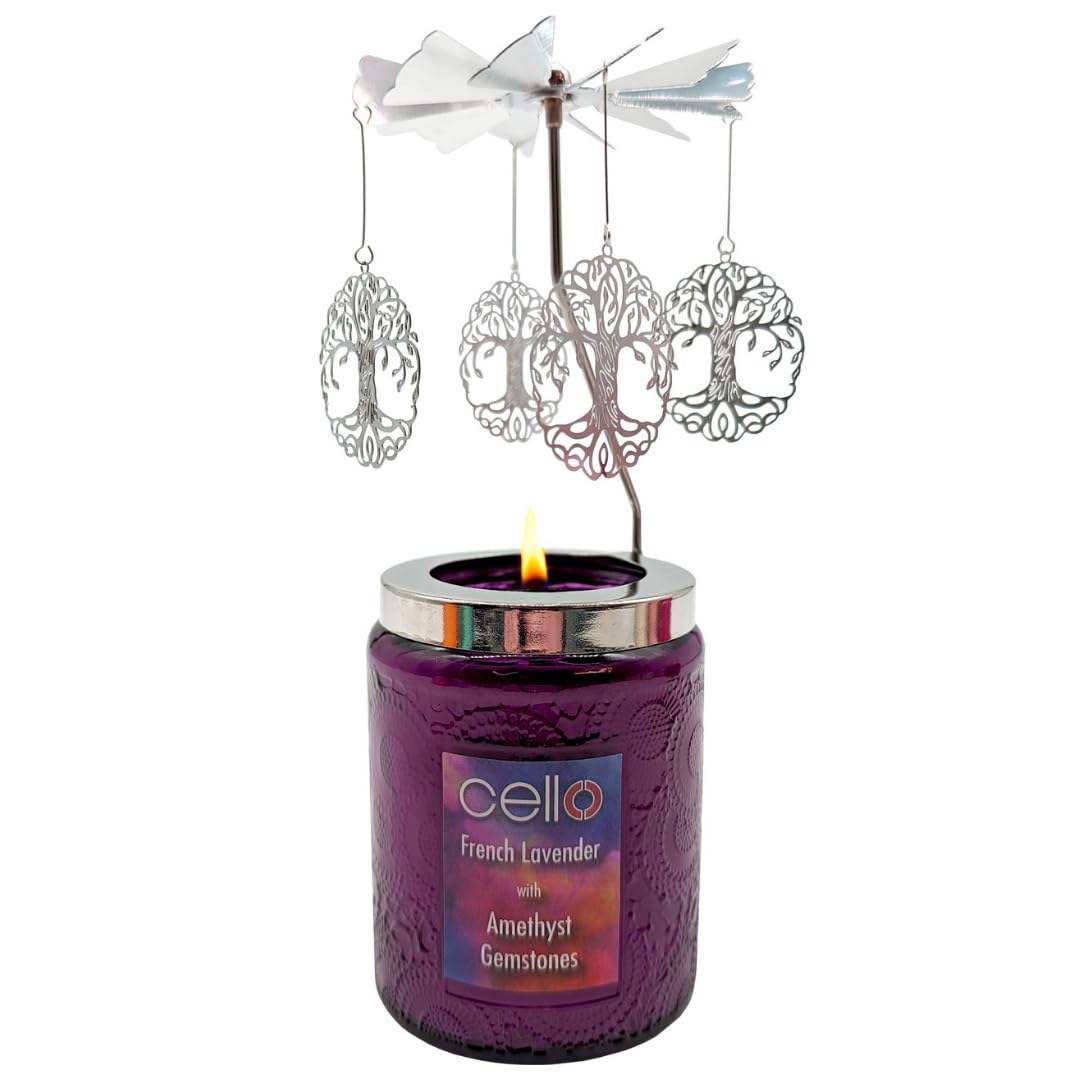 Cello Amethyst Scented Candle with Spinner - Stunning Crystal Candle with Amethyst Gemstones - Anxiety Gifts for Women