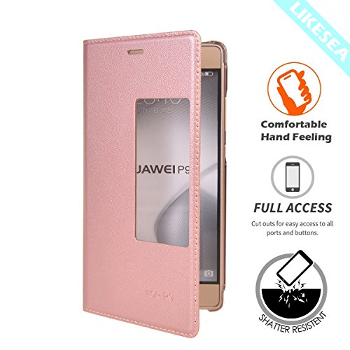 LIKESEA Window View Case for Huawei P9, Premium Leather Protective Slim Flip Cover, Rose Gold