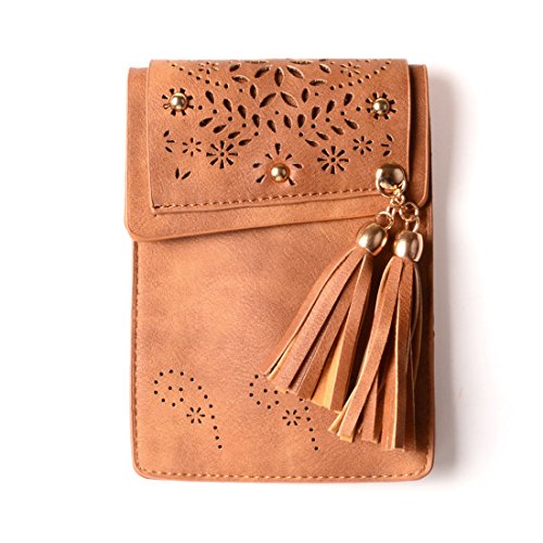 KISS GOLD(TM) Mini Crossbody Shoulder Bag, Small Cellphone Pouch, Single Shoulder Bag, PU Leather Tassel Style, Brown