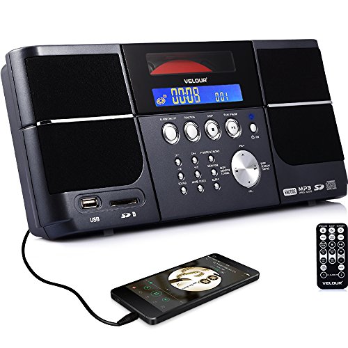 Portable cd player, Stereo VELOUR Boombox with FM Radio Clock USB SD and Aux Line-In for kids boys