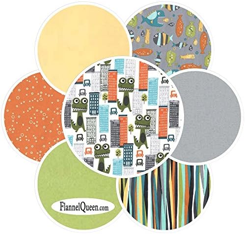 Michael Miller Monsters and Piranhas Flannel Fabric Bundle, contains 7 Fat Quarter Cuts