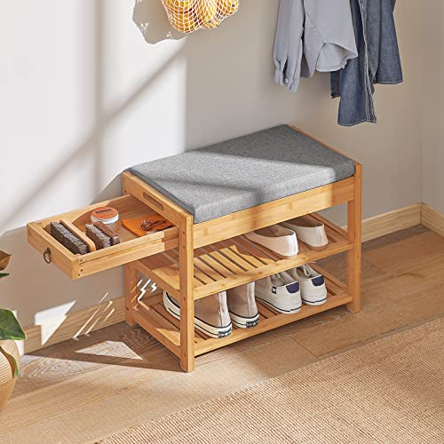 SoBuy Shoe Rack Bamboo Shoe Bench with Seat Cushion, 2-Tier Wooden Shoe Cabinet Organizer with Storage Drawer and Lift Up Top for Hallway and Bedroom, Natural, 55x30x46cm, FSR49-N