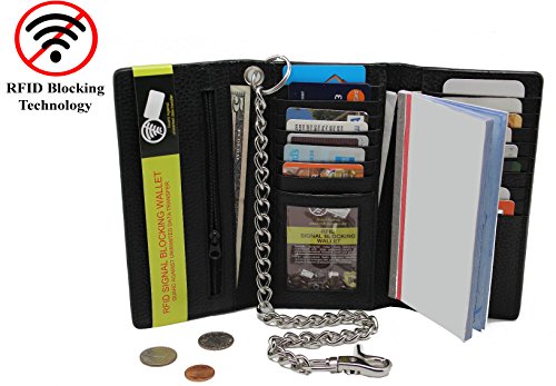 RFID Blocking Steel Chain Trifold Wallet 212 Biker,Trucker,Motorcycle Cow Leather Long Checkbook