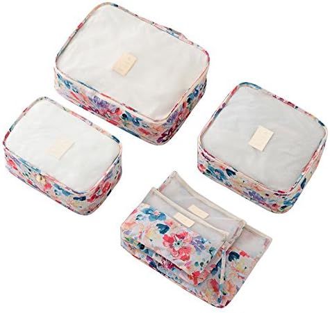 6 Set Storage Floral Pattern Multi-functional Travel Bag Cosmetic Suitcase Container Packing Luggage Organizer Portable Cubes Cloths Accessories for Shoe Socks Clothes - Pack 6 (Beige)
