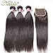 Nadula Brazilian Straight Hair Extensions Pack of 3 with Lace Closure Free Part Grade 8a Unprocessed Remy Virgin Human Hair Natural Color (14 16 18+10inch)