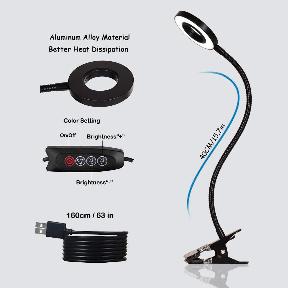 Clamp Desk Lamp, EYOCEAN Clip on Light Reading Lights with 3 Color Changeable, Flexible Night Light 3 Modes 9 Dimming Levels(Included AC Adapter) for Indoor, Black - - 