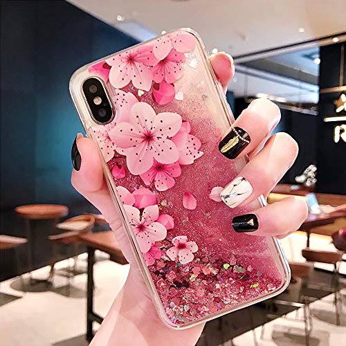 NOKEA Stylish Case Compatible 3D Cute Painted Glitter Liquid Sparkle FloatingLuxury Bling Quicksand Shockproof Protective Silicone Case Cover Replacement for iPhone X/iPhne XS-Peach Blossom