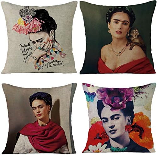 JLHua 4 pcs Frida Kahlo Self-Portrait Cotton Linen Pillow Case Cover,18"๏ผPattern 9