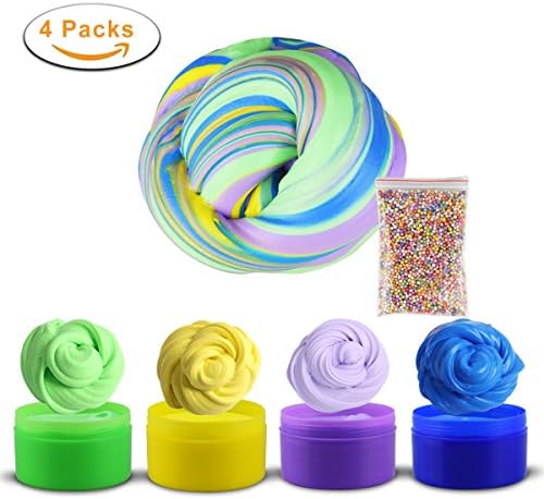 Fluffy Slime Stress Relief Sludge Toy with Colorful Foam Beads by Inimmo, 4 Colors Set, 14 oz(MSDS Approved, ASTM and EN71 Certified)