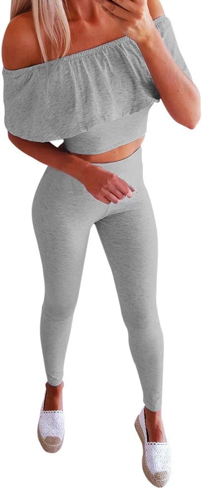 Women 2 Piece Legging Outfits Off The Shoulder Tank Tops Flounce Ruffle Crop Top with Bodycon Long Pants Tracksuit Summer Casual Workout Two Piece Outfits Set
