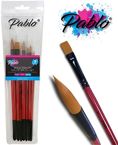 Set of 7 Soft,Gold Taklon Nylon Acrylic Paint Brush Set by Pablo®. Ideal for Acrylic, Water Colour, Oil & Gouache Painting (7 Acrylic & Watercolour Brushes)