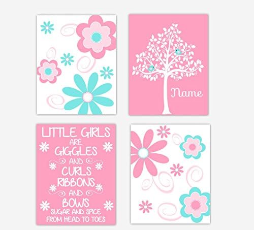 Baby Girl Nursery Art Pink Teal Flowers Personalized Giggles and Curls Baby Nursery Decor SET OF 4 UNFRAMED PRINTS