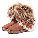 Bumud Women Winter Warm High Long Snow Ankle Boots Faux Fox Rabbit Fur Tassel Shoes