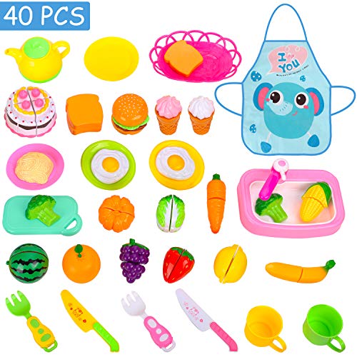 Auney 40 Pieces Play Food Set Pretend Play Set, Cutting Cooking Food Toy, Kitchen Toys Pretend Food Playset Educational Toy Fruits Vegetables Set for Children Learning Gift for Boys & Girls - Thumbnail 7