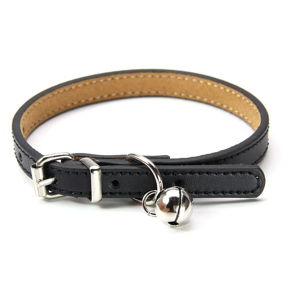 Cat Collar, EUYuan Adjustable Soft Leather Collars with Bell for Cats Small Dogs (Black)