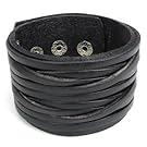 KONOV Jewelry Wide Genuine Black Leather Men's Bangle Cuff Bracelet