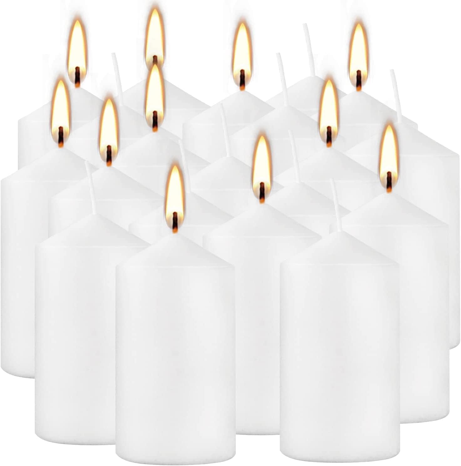 Photo 1 of Howemon 20 Pcs Bulk Long Burning Wax Pillar Candles 2" x 4" Dripless Unscented Smokeless for Wedding Party Spa Lantern Fireplace Home(White)